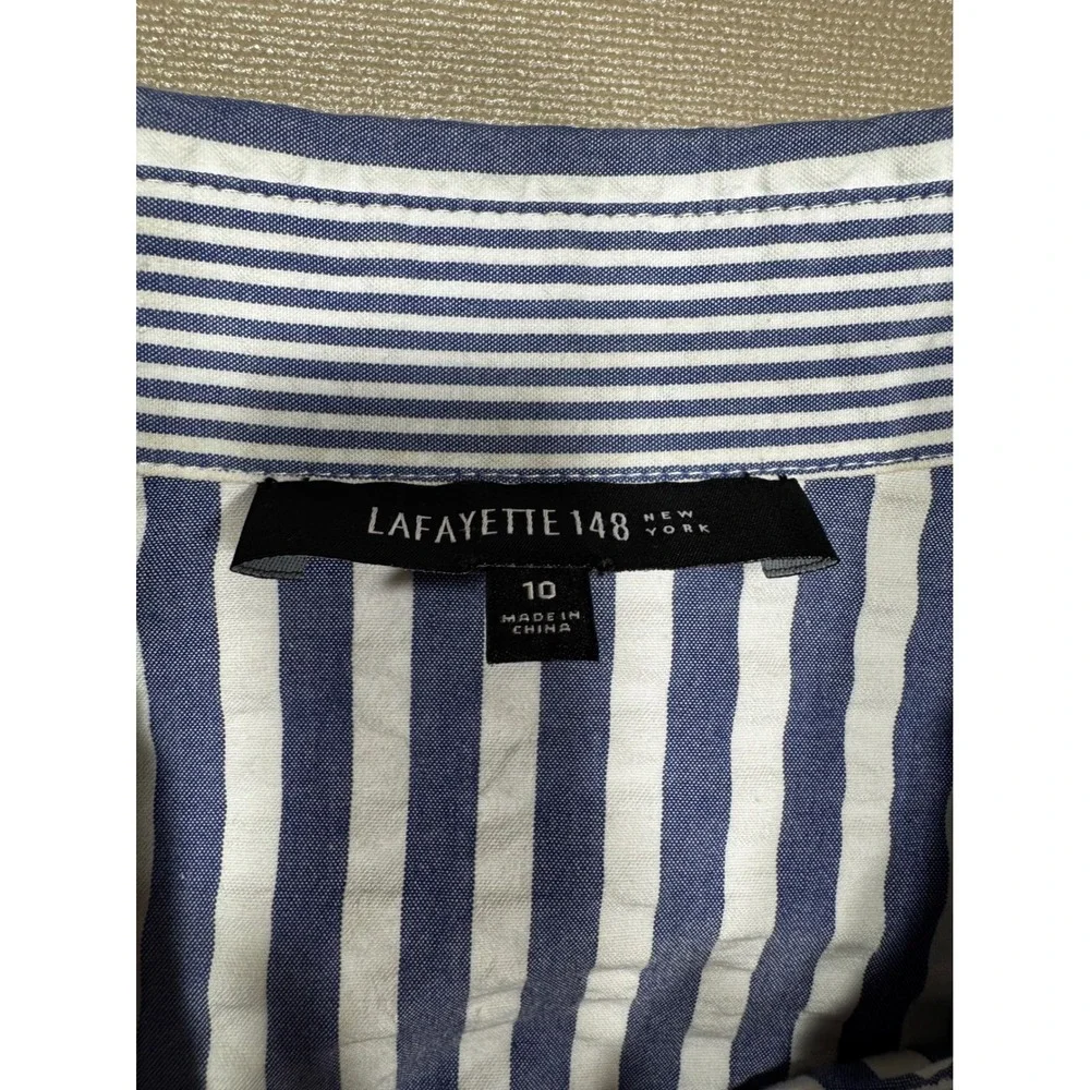 Lafayette 148 New York Blue White Seersucker Striped Button Down Shirt Size 10 - Picture 4 of 11